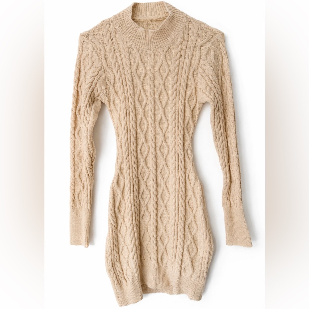 Beige Cable Knit Open Back Sweater Dress S